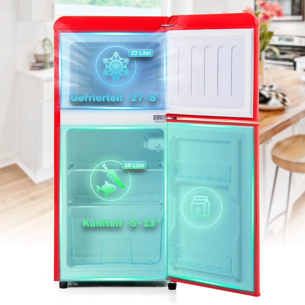 Combinaison réfrigérateur-congélateur rétro 45,5 cm de large, 2 portes 60 litres de volume total, volume de congélateur 22 litres. 102 KWh/année,