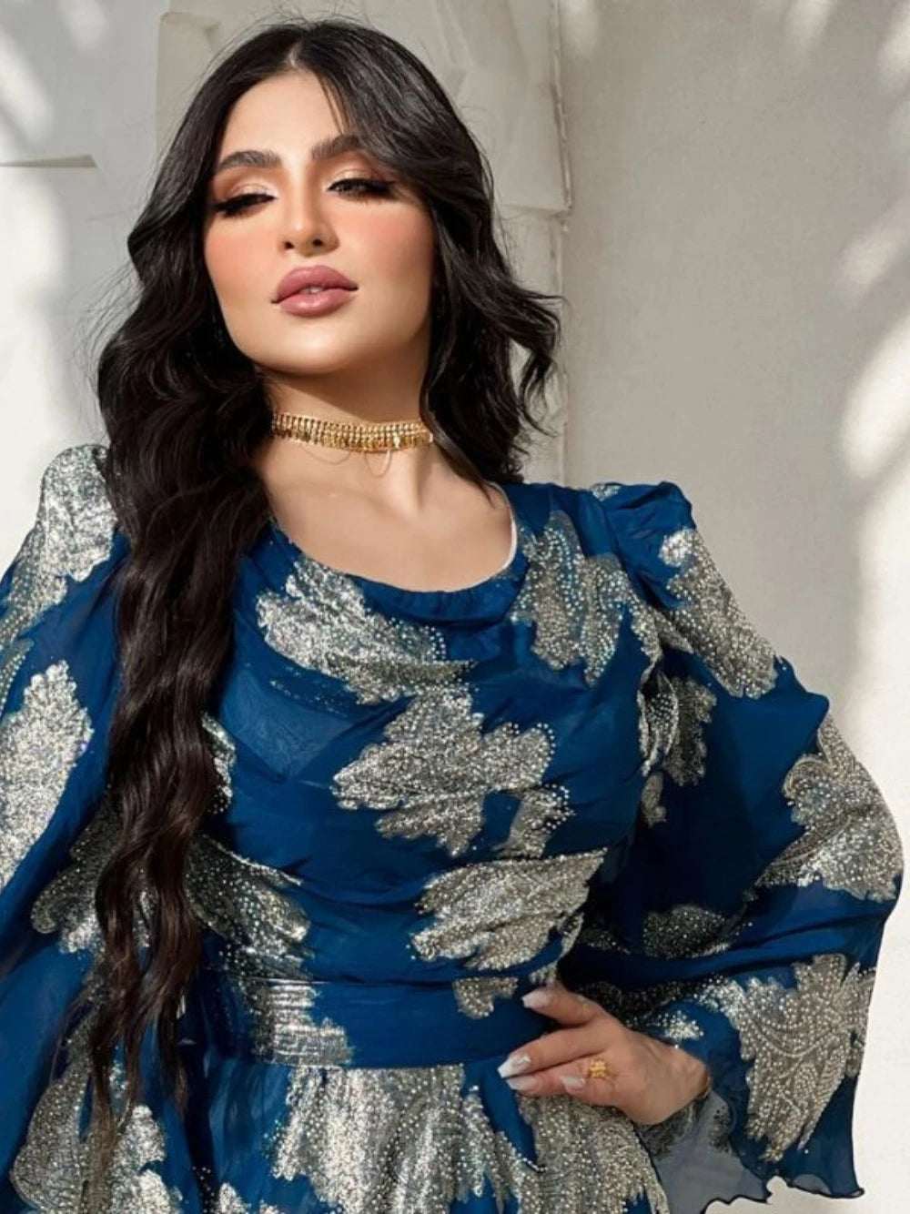 Abaya dorure bleu robe de soirée Takchita Festival fête Date une ligne perlée décontracté en mousseline de soie personnalisé délicat bal O cou robe