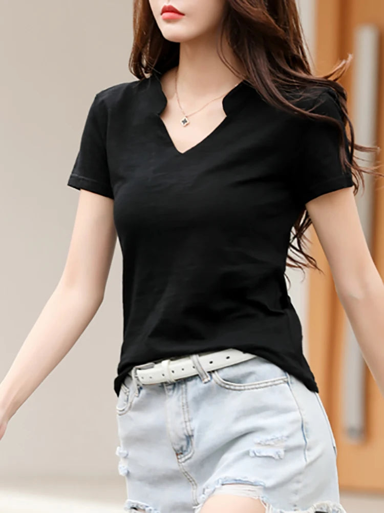 T-shirt en coton et bambou pour femme, col en V, doux, basique, classique, mode, tailles S-3XL, collection été 2026
