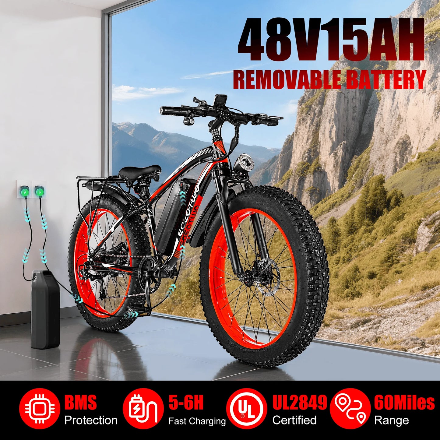 EOEOTWO E01 Adult Electric Bicycle, 1500W Peak Power Motor, 26 Inch Fat Tires, 34MPH Max Speed, 60 Miles Range, UL2849 Certified, Mountain Bike
