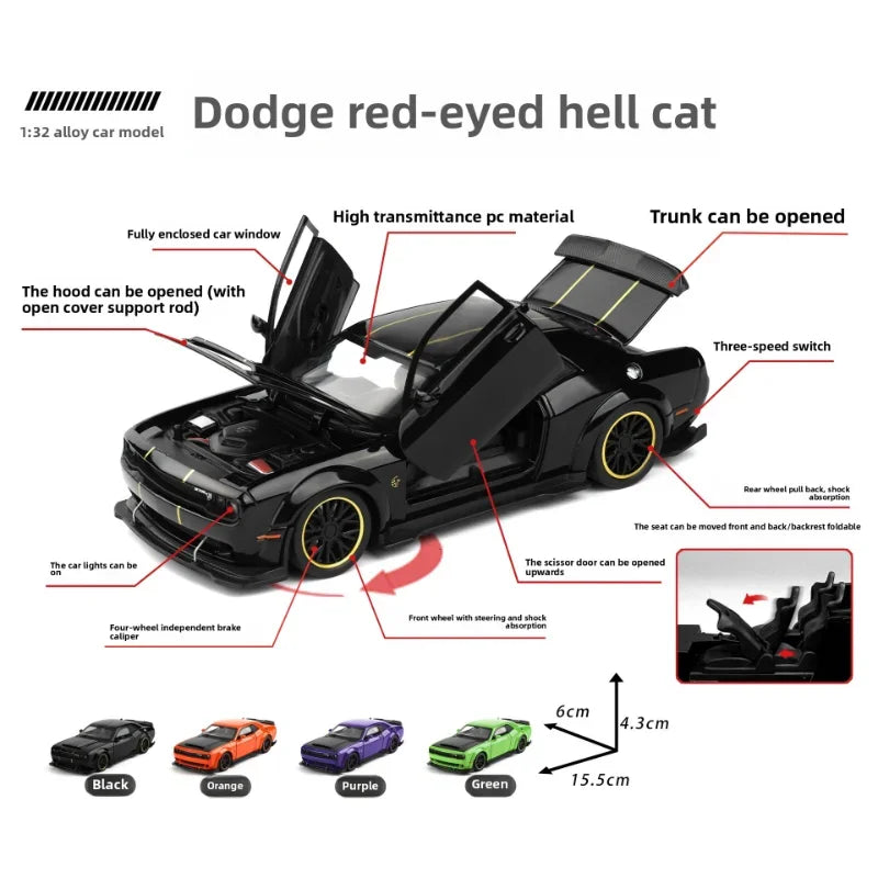 Modelo de coche de aleación Dodge Challenger Hellcat SRT 1:32 con sonido y luz, vehículo de juguete de metal con retrofricción, regalo para niño, colección en miniatura
