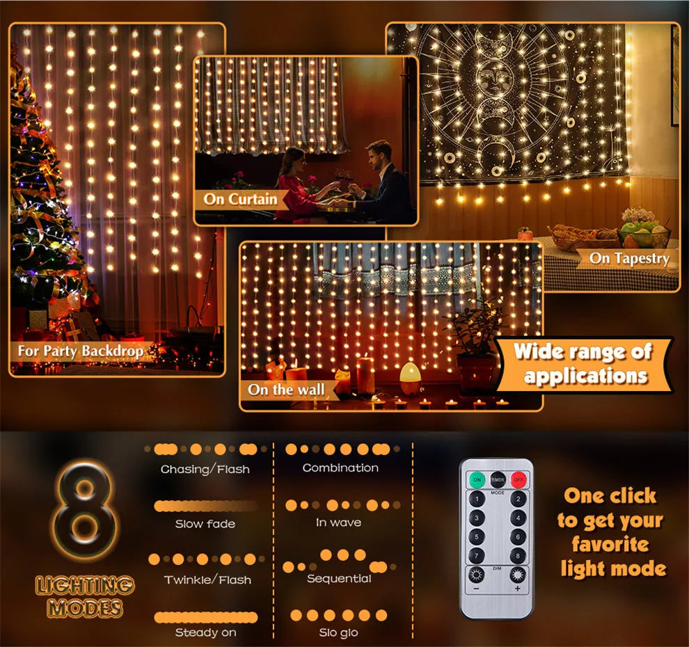 Cortina de luces LED con control remoto USB, 8 modos, decoración navideña para el hogar, vacaciones, Año Nuevo