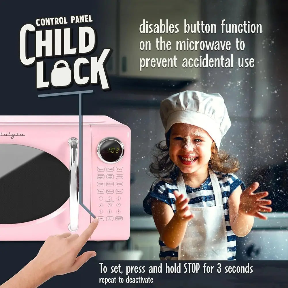 0.7 cu. ft. 700 W Compact Microwave with Glass Turntable, Child Lock, 8 Automatic Cooking Programs, Digital Clock - Pink