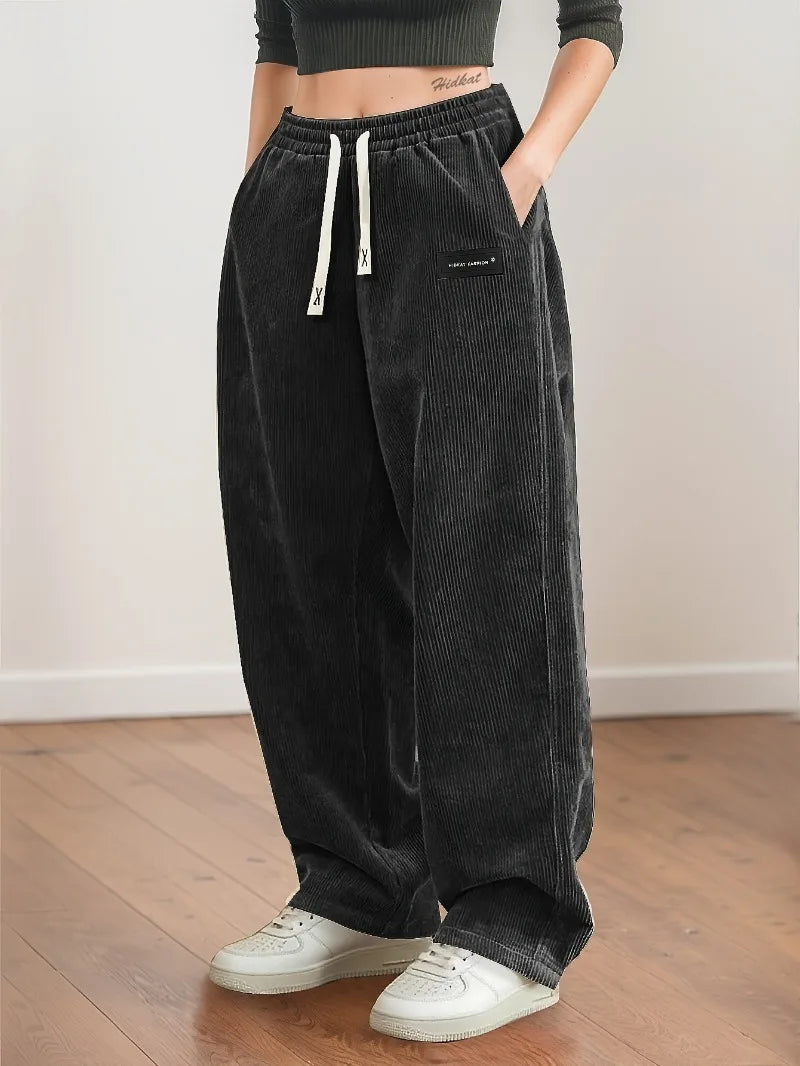 Women's Corduroy Pants, Straight Leg Drawstring Waist Trousers with White Piping, Casual All Seasons to Semi-Formal