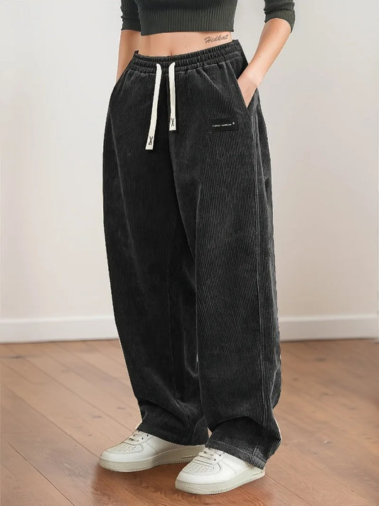 Pantalon en velours côtelé pour femme, pantalon à jambe droite avec cordon de serrage à la taille et passepoil blanc, décontracté toutes saisons à semi-formelles