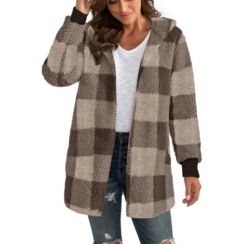 Women's Plaid Double Fleece Cardigan, Soft Loose Long Sleeve Plush Warm Hooded Jacket, Patchwork Outerwear Coat, Autumn Winter