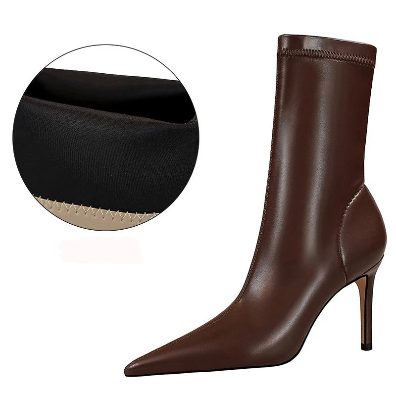BIGTREE-Botas de piel de tacón alto para mujer, botines cortos, zapatos de tacón, otoño e invierno