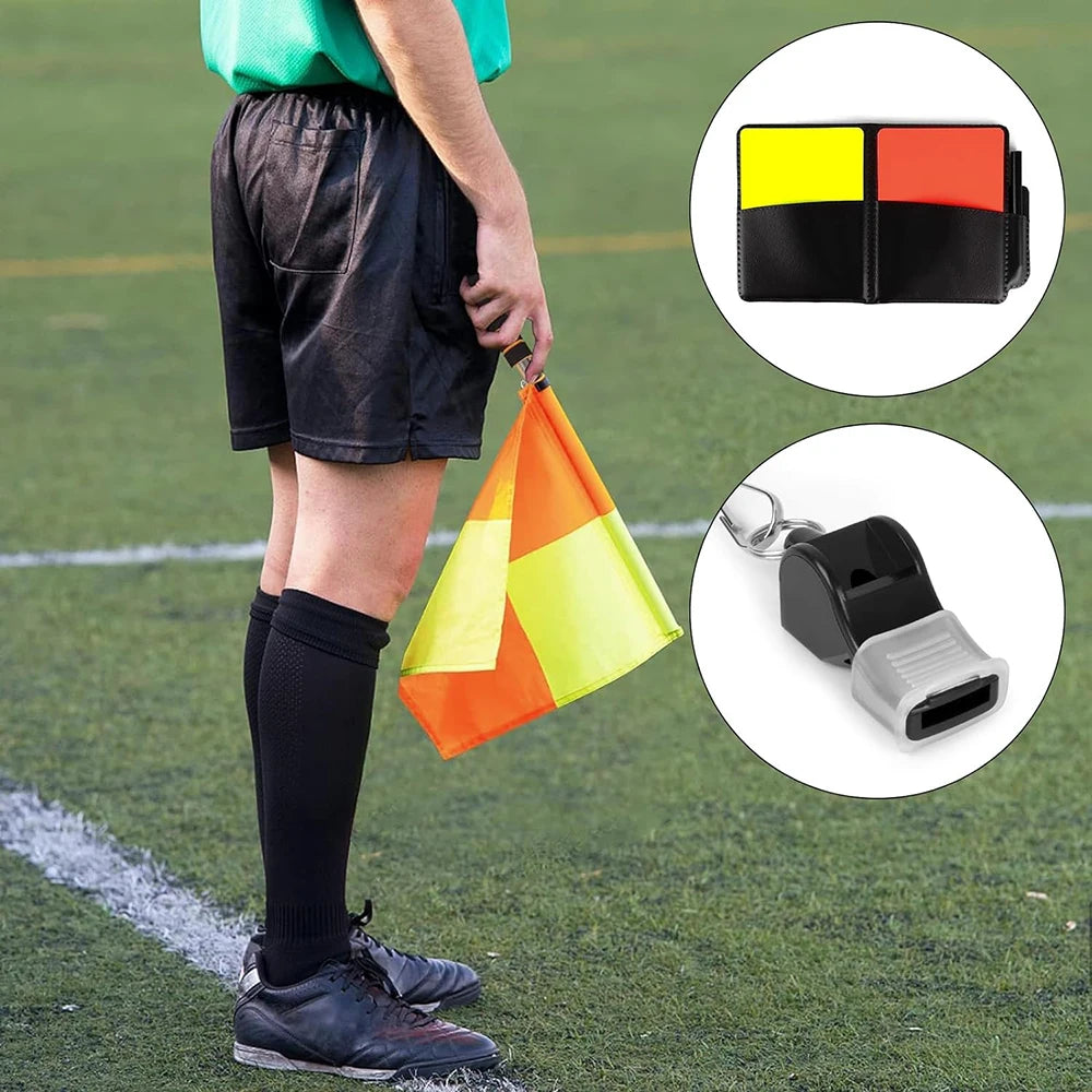 Kit Arbitre Football Complet — Drapeaux À Carreaux, Cartes Rouge & Jaune, Sifflet & Carnet