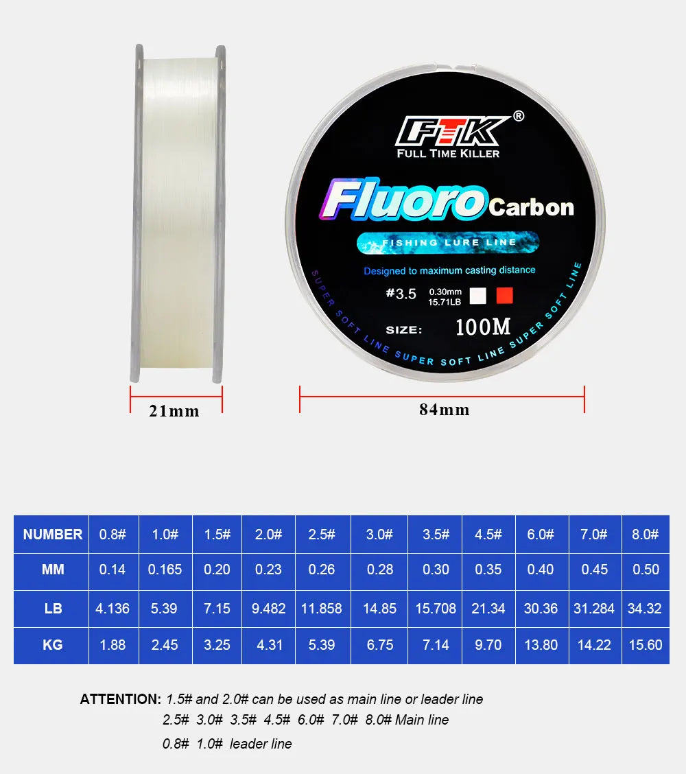 FTK 100M ligne de pêche à revêtement fluorocarbone 0.14mm-0.5mm 4.13LB-34.32LB ligne Monofilament en Fiber de carbone ligne de pêche à la carpe ligne coulante