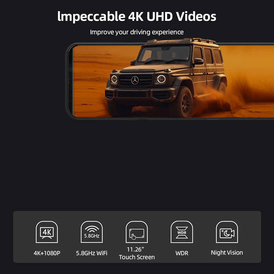 Dashcam 4K WiFi GPS 12" Tactile IPS — Rétroviseur Caméra Recul Enregistreur