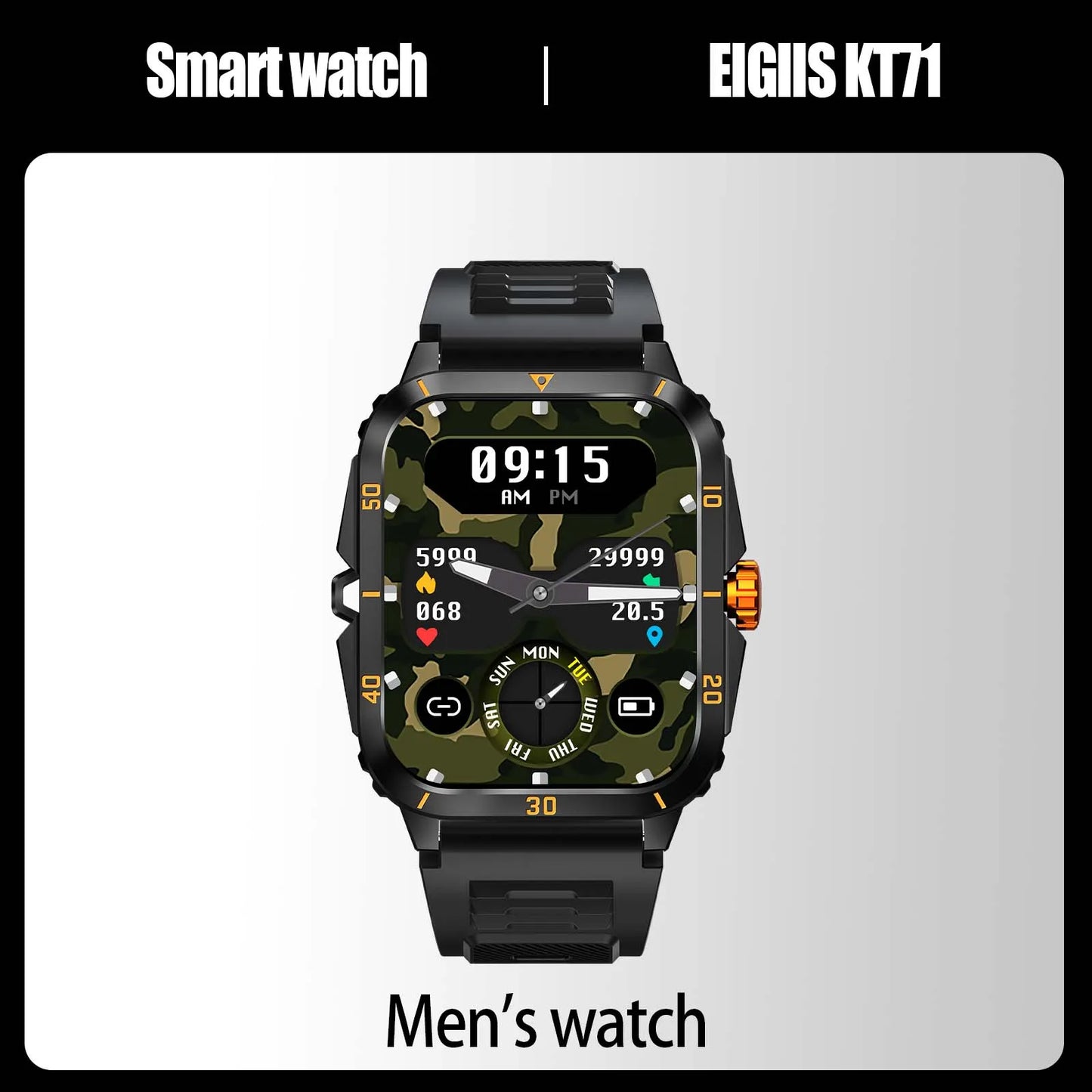 EIGIIS Reloj inteligente 3ATM impermeable 1.96" IPS militar KT71 para hombres 100+ modos deportivos Ritmo cardíaco Presión arterial Llamada Bluetooth