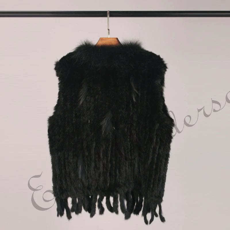 ETHEL ANDERSON – Chaleco con borlas de piel de conejo auténtica, chaleco de punto de alta calidad, vintage, de piel de mapache, ropa de abrigo