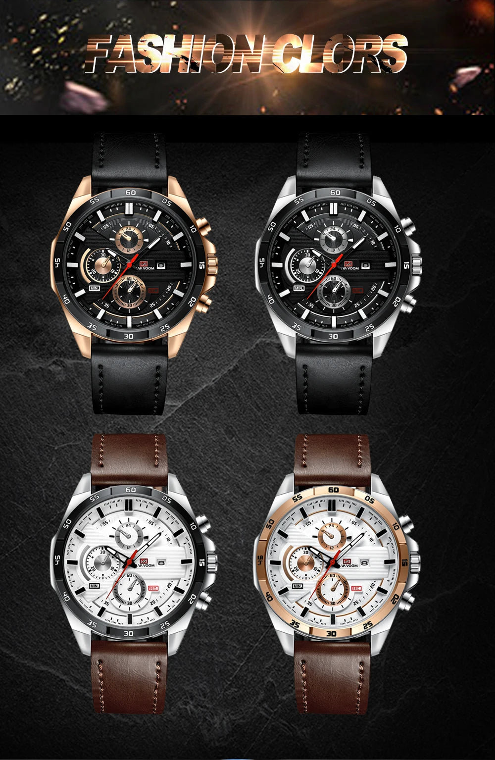 Montre à quartz en cuir pour homme, style sport, grand, décontracté, mode, original, noir, rose, or, calendrier, 46mm