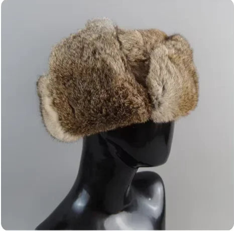 Gorro de piel de conejo para hombre, invierno, 100% piel auténtica, estilo aviador, cortavientos, cálido, con orejeras, color liso, gris/negro, ruso, ajustado
