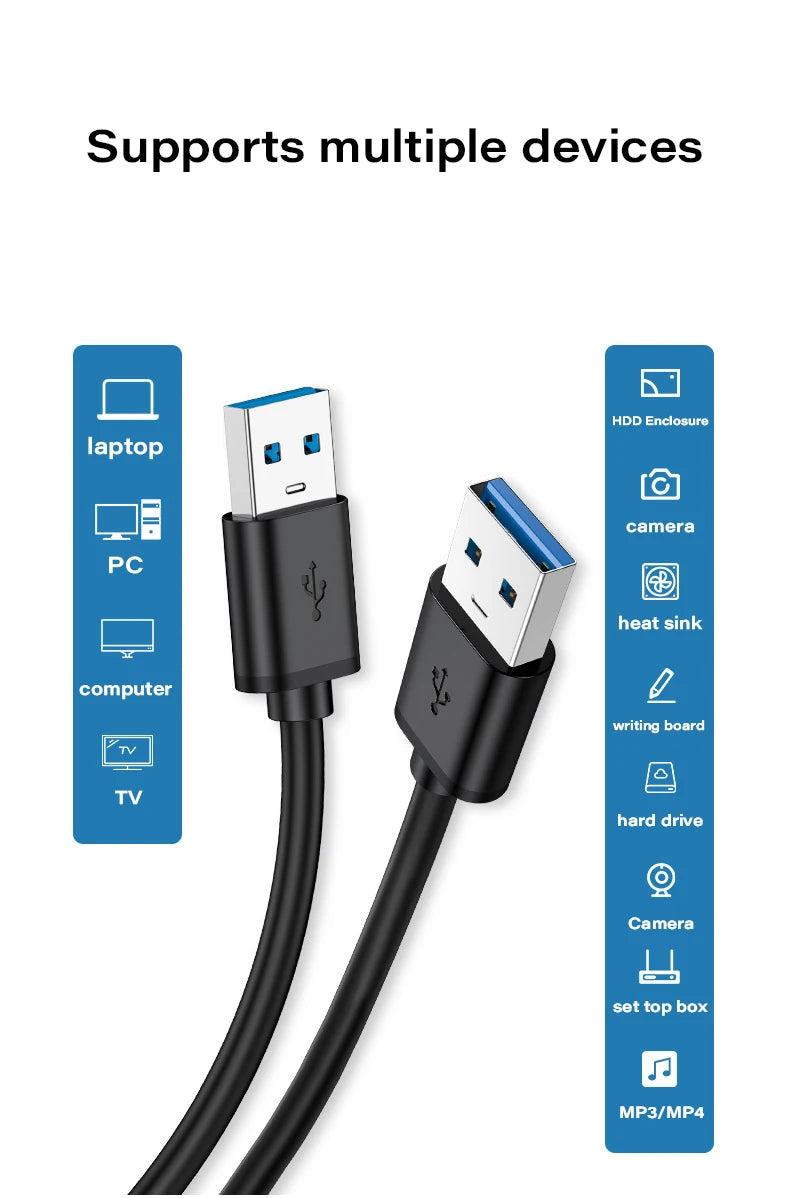 Câble d'extension USB 3.0 mâle vers mâle, 5Gbps, transmission rapide, câble de données, ordinateur portable vers disque dur mobile, TV