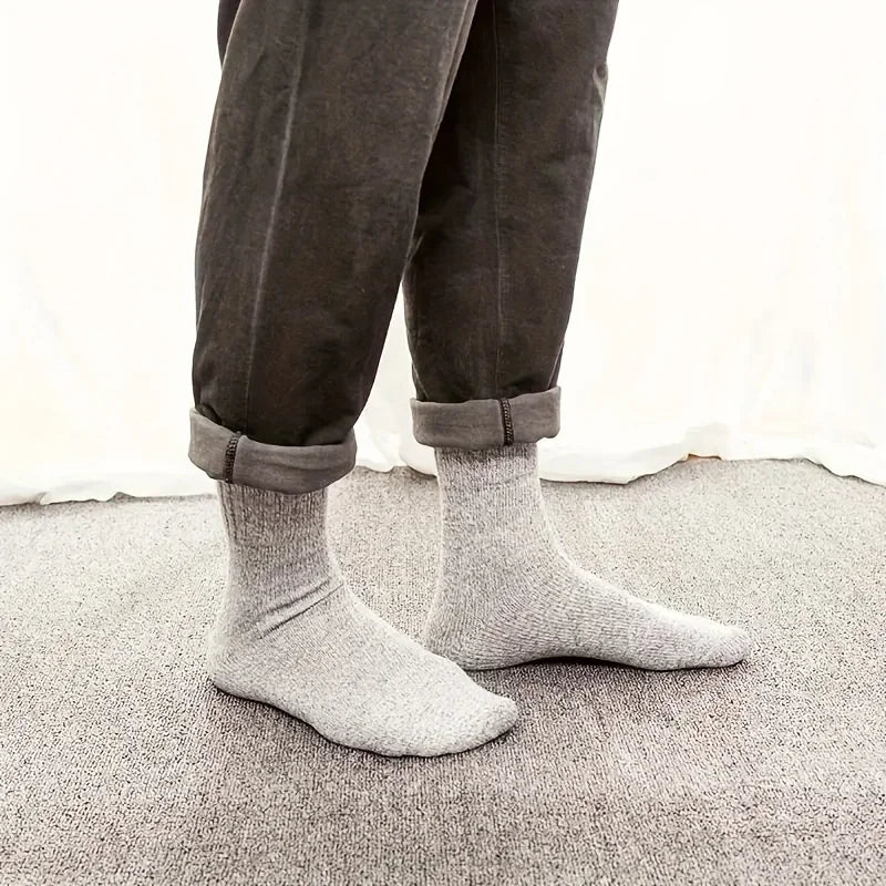 3/5 paires de chaussettes chaudes pour hommes, chaussettes épaisses en tissu éponge mi-mollet, chaussettes anti-froid pour bottes de neige, élastiques, couleur unie