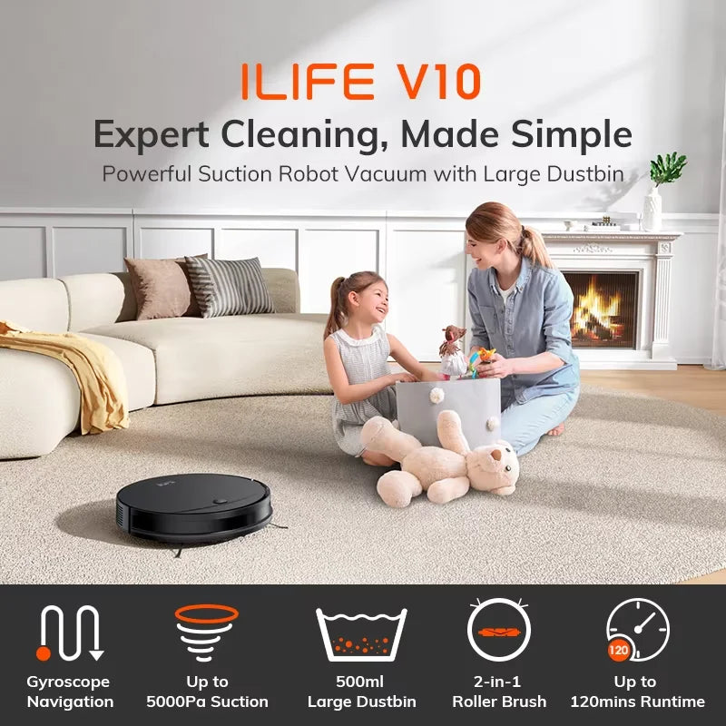 Robot aspirateur 5000 Pa — navigation gyroscopique, auto-chargement, brosse rotative