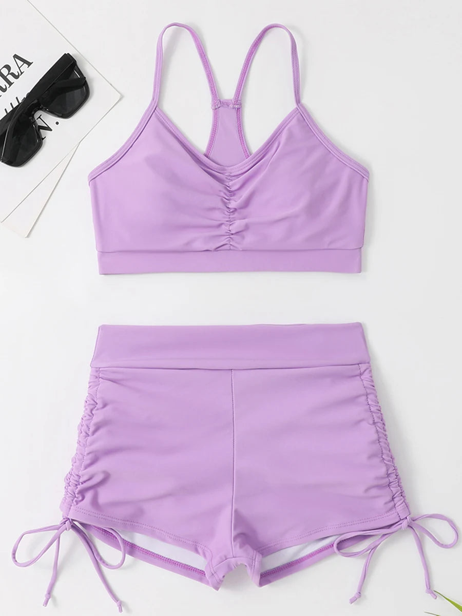 Maillots de bain femme 2026 : Bikinis short à cordon de serrage devant, taille haute, pour la natation et la plage