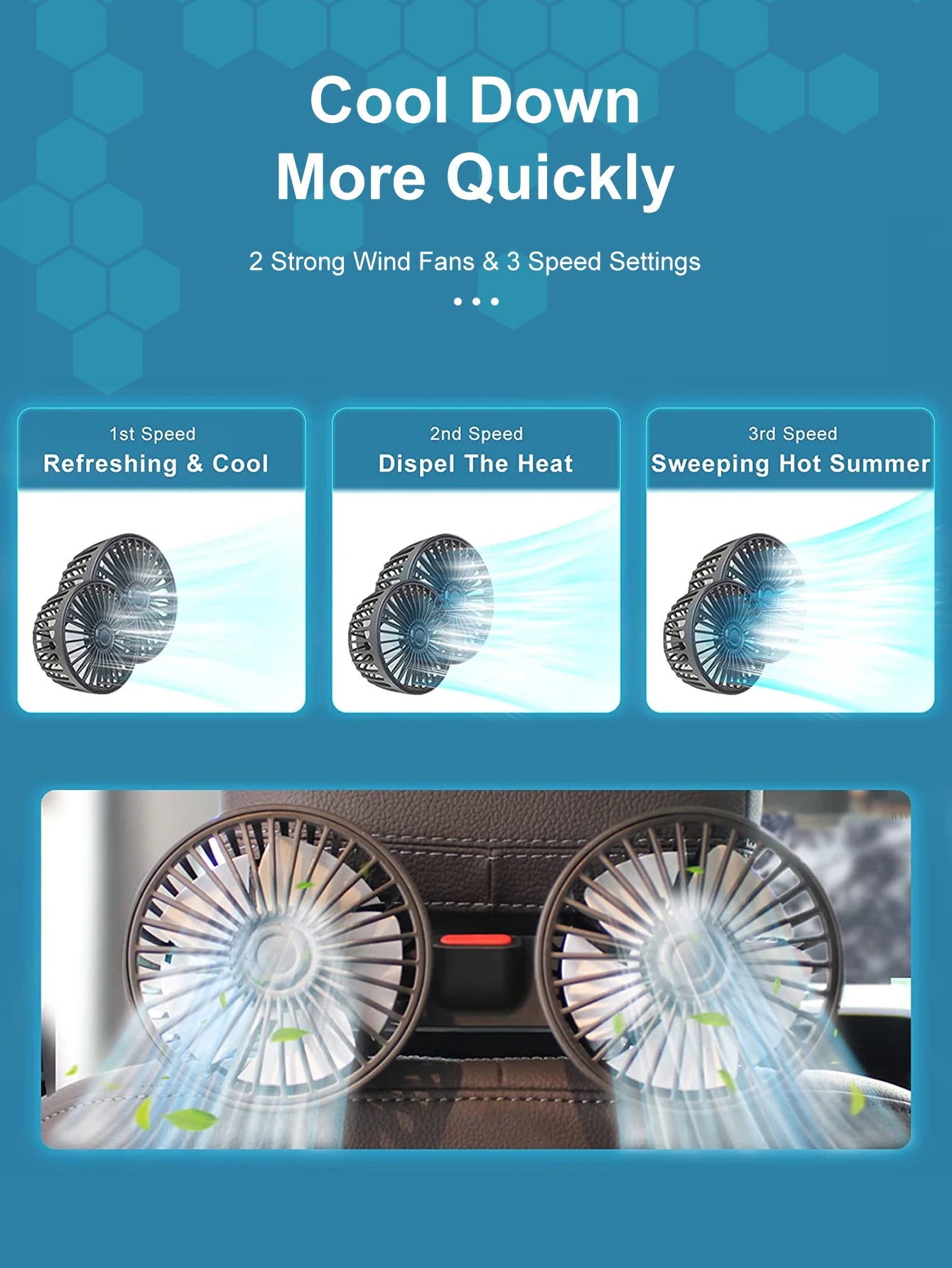 Ventilateur de voiture 360 °   Ventilateur de refroidissement arrière de siège de voiture à 3 vitesses, Charge USB, double tête, refroidisseur de cou à Rotation réglable pour accessoires de voiture et de maison