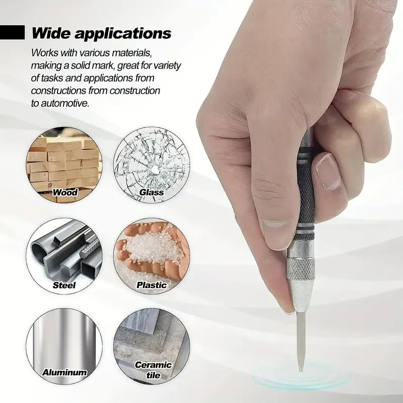 Automatic center punch, hole marker, wood, metal, steel, spring-loaded, drill locator, heavy-duty punch, carpentry, automatic hand tool