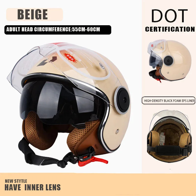 DOT - Vintage Open Face Motorcycle Helmet, Retro 3/4, Cruise, for Men and Women