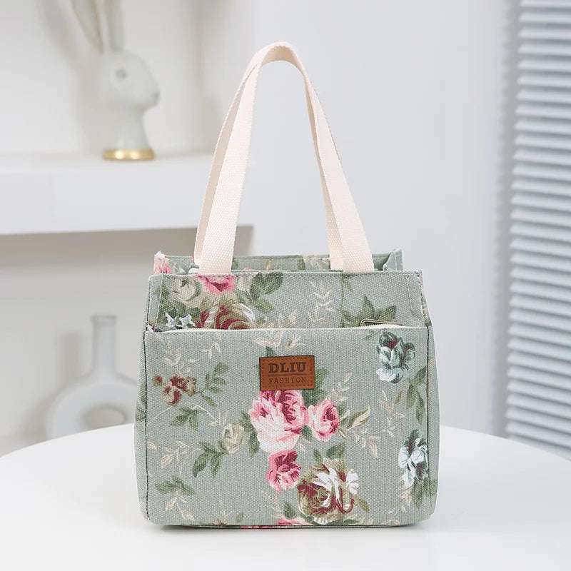 Bolsa de almuerzo estética con estampado floral, bolsa bento aislada de gran capacidad, bolsa térmica para la escuela, el trabajo, los viajes y pícnic