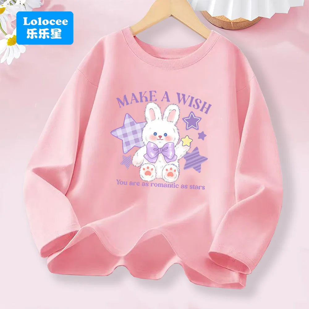 T-shirt rose à manches longues pour filles de 3 à 14 ans, haut en coton pour enfants, mignon "FRESH", imprimé boisson et Animal, nouvelle collection printemps 2026
