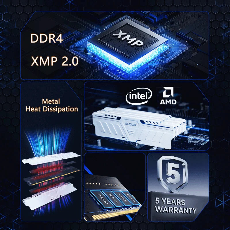 ‌ Mémoire de bureau GUDGA DDR4 RAM 3200MHz/3600MHz/2666MHz 8GB/16GB/32GB 288-Pin DIMM avec dissipateur thermique en aluminium