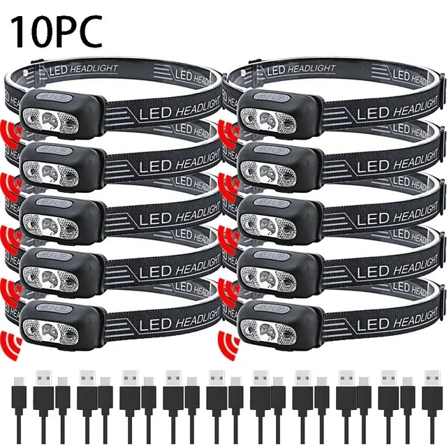Lampe frontale puissante à LED portable avec capteur, rechargeable par USB, lampe torche frontale pour camping, pêche, lanterne d'urgence