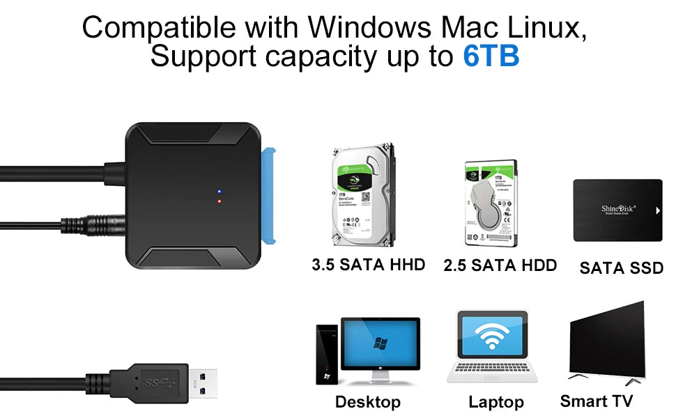 Câble adaptateur SATA vers USB 3.0 pour disque dur SSD HDD SATA III 2.5/3.5 pouces, convertisseur de disque dur, prise en charge UASP avec adaptateur d'alimentation 12V