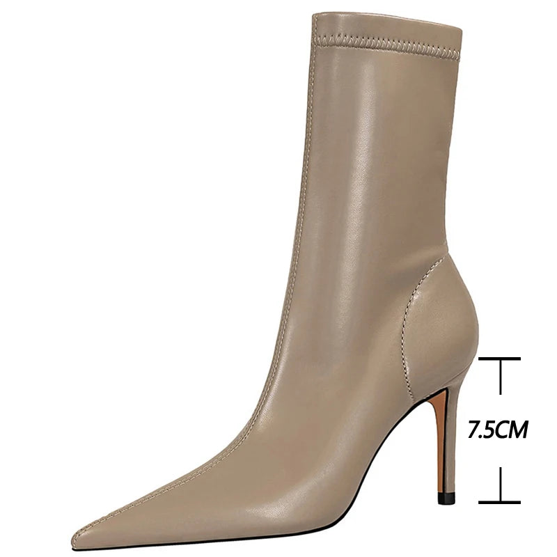 BIGTREE-Botas de piel de tacón alto para mujer, botines cortos, zapatos de tacón, otoño e invierno