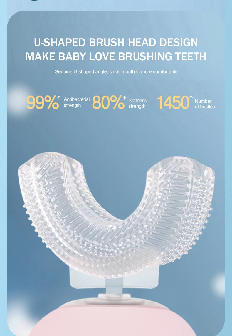 Cepillo de dientes eléctrico infantil en forma de U, rotación de 360 grados, dibujos animados inteligentes, cepillo de dientes de silicona, automático, recargable, sónico