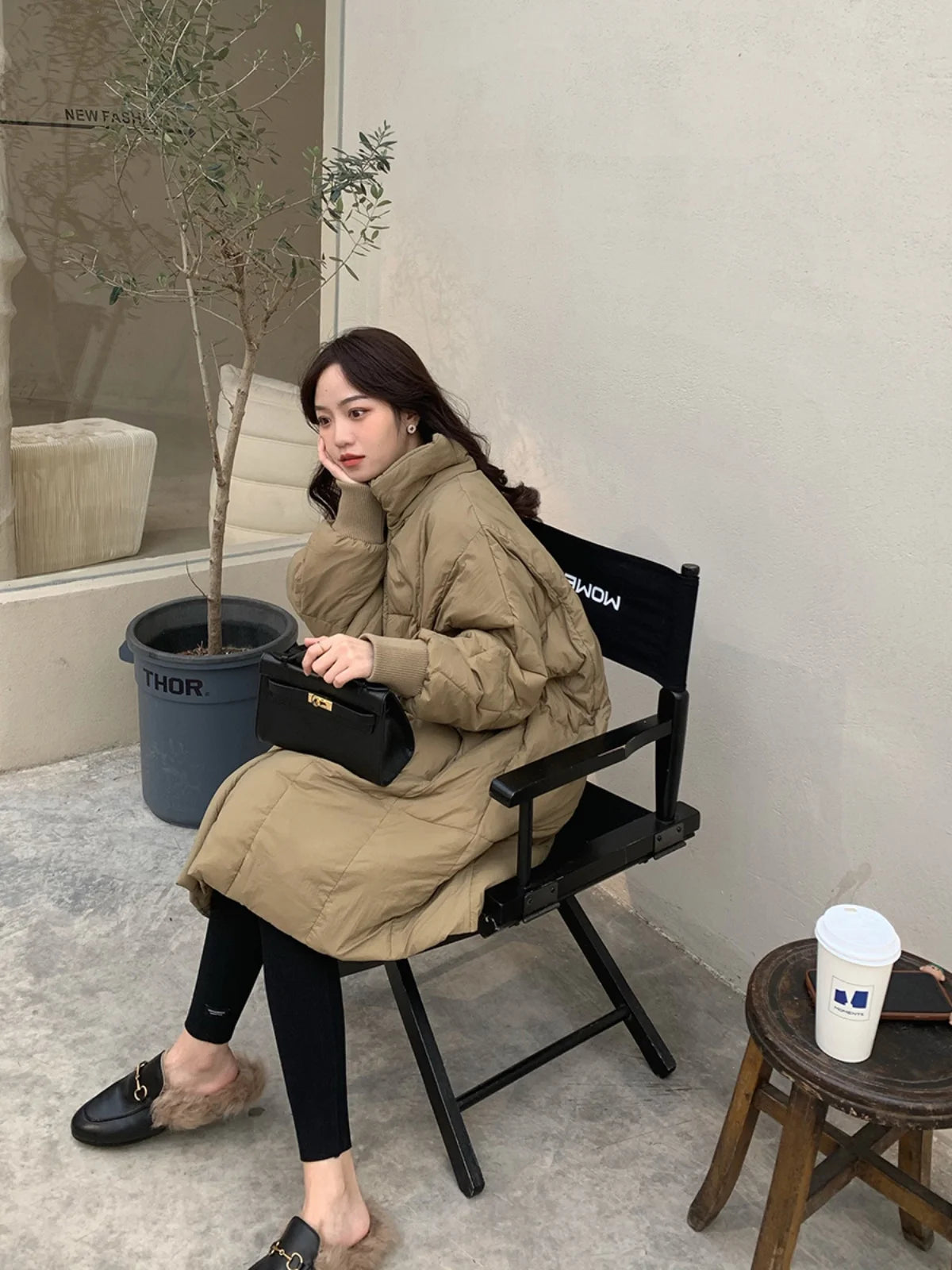 Manteau d'hiver décontracté en coton pour femme, coupe ample coréenne, longueur moyenne, style Hong Kong, vêtement d'extérieur tendance