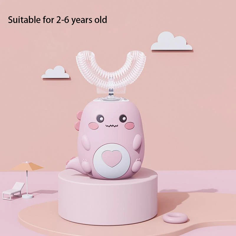 Cepillo de dientes eléctrico infantil en forma de U, rotación de 360 grados, dibujos animados inteligentes, cepillo de dientes de silicona, automático, recargable, sónico
