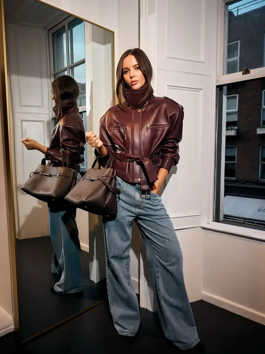 Women's Solid Burgundy Slim-Fit Lace-Up High-Neck Zip Bucket Fashion Short Jackets 2025 Ladies High Street Coat