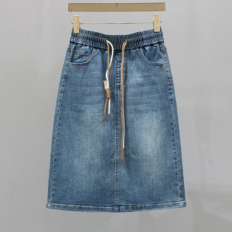 Falda coreana de talla grande 5XL de mezclilla, maxi falda de primavera verano para mujer, faldas largas de jean con cordones, falda vaquera de media longitud con línea A para mujer