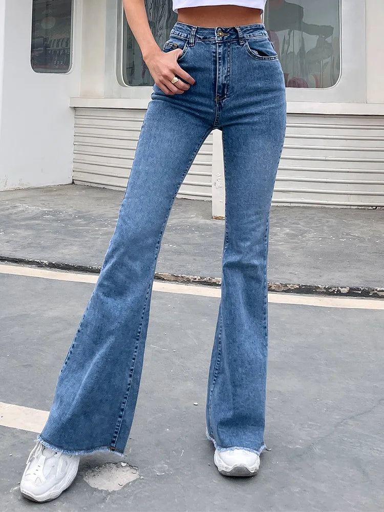 Benuynffy-Jeans acampanados con bajo sin rematar para mujer, pantalón de mezclilla, cintura alta, longitud completa, vaqueros ajustados, bragueta con botones, moda de otoño