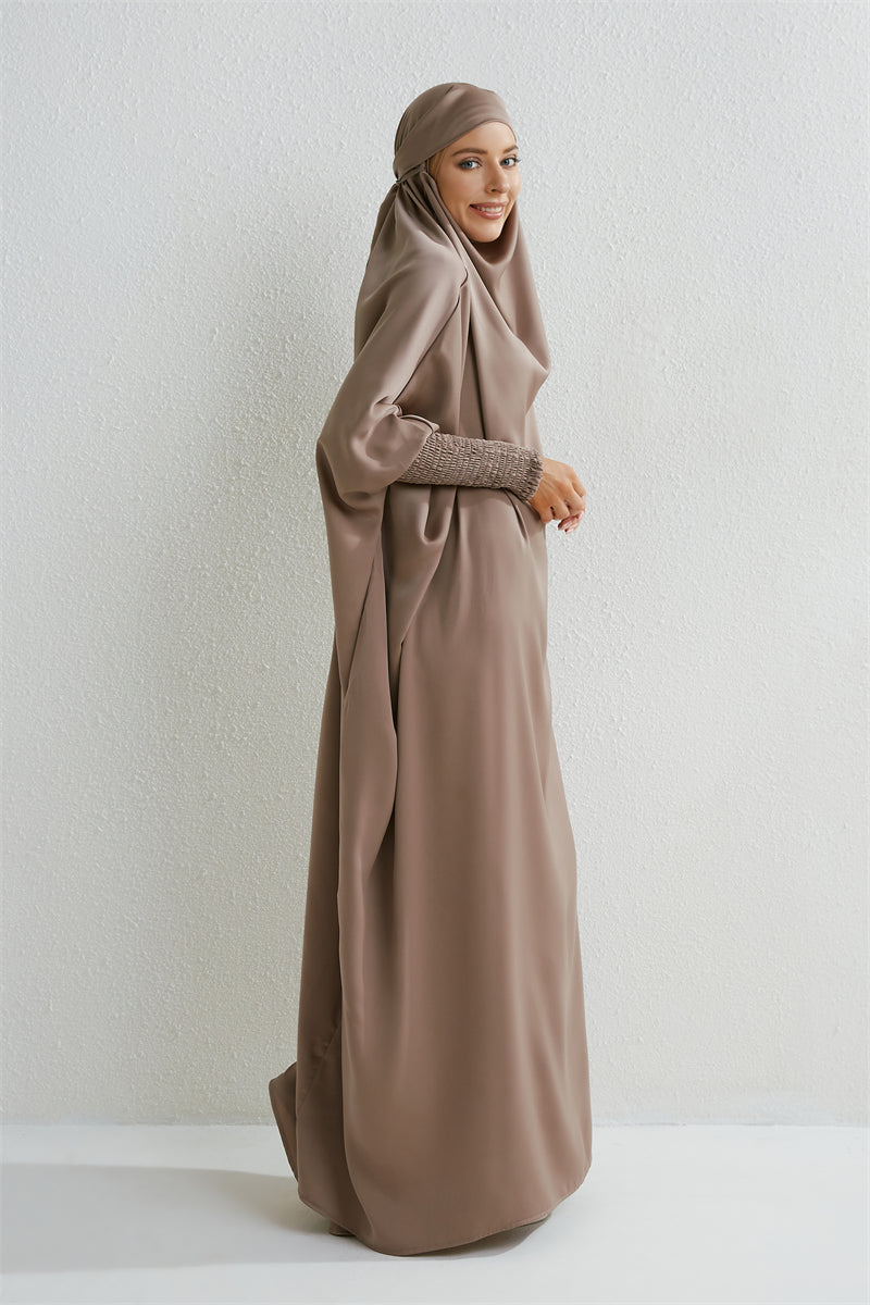 Abaya musulman à capuche manches smockées une pièce Robe de prière femmes Jilbab vêtements islamiques dubaï saoudien Robe noire modestie turque