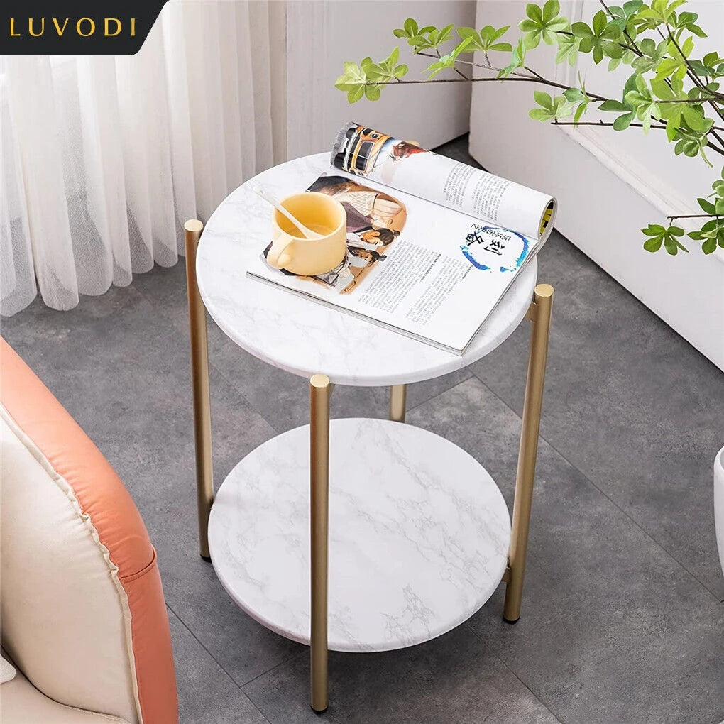 LUVODI Mesas auxiliares redondas de 2 niveles para sofá, soporte para plantas con estante de almacenamiento, estructura de metal para sala de estar y dormitorio
