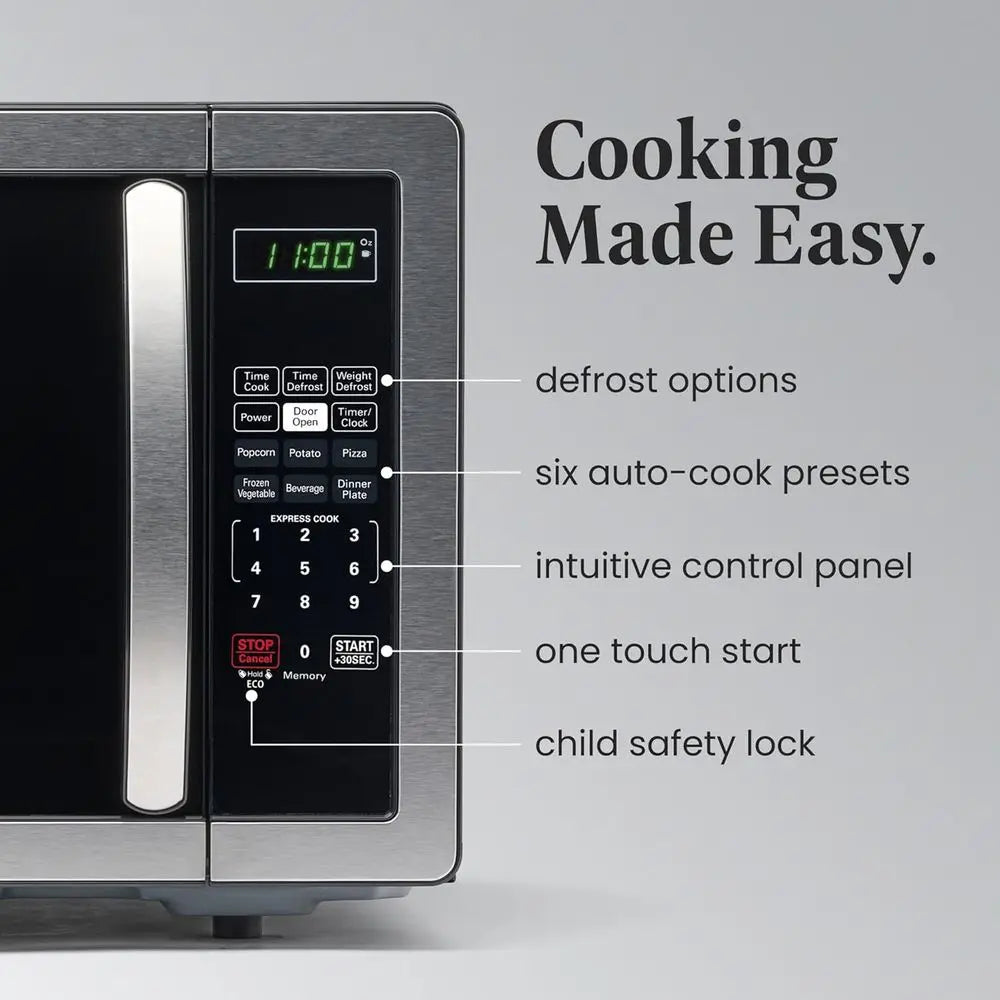 Micro-Ondes Comptoir 1,1 Pièds 1000W Cuisson Automatique — Rôtissage Nettoyage Facile Sécurité Enfants