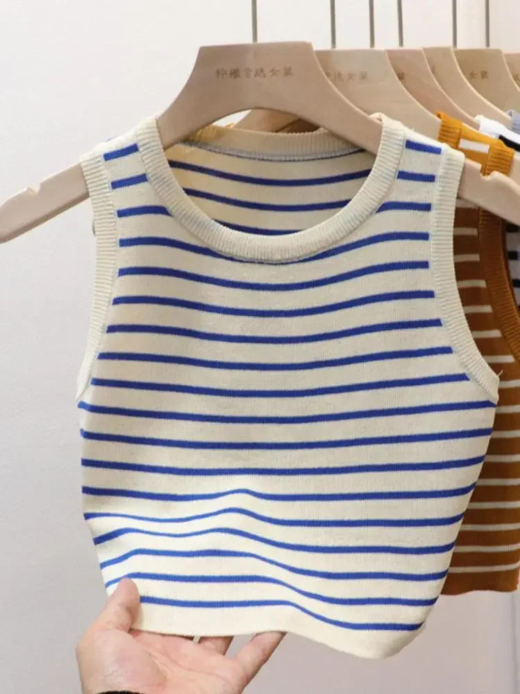 Débardeurs rayés tricotés sans manches pour femme, collection Printemps-Été 2026, style crop top, coupe ajustée élastique, décontracté, pull-over, camisole