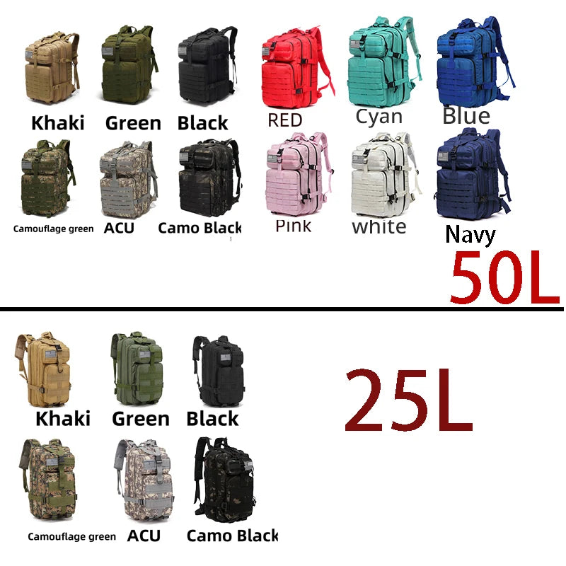 25L/50L robuste en Nylon imperméable à l'eau tactique sport Trekking pêche chasse Camping randonnée sac à dos sacs à dos en plein air
