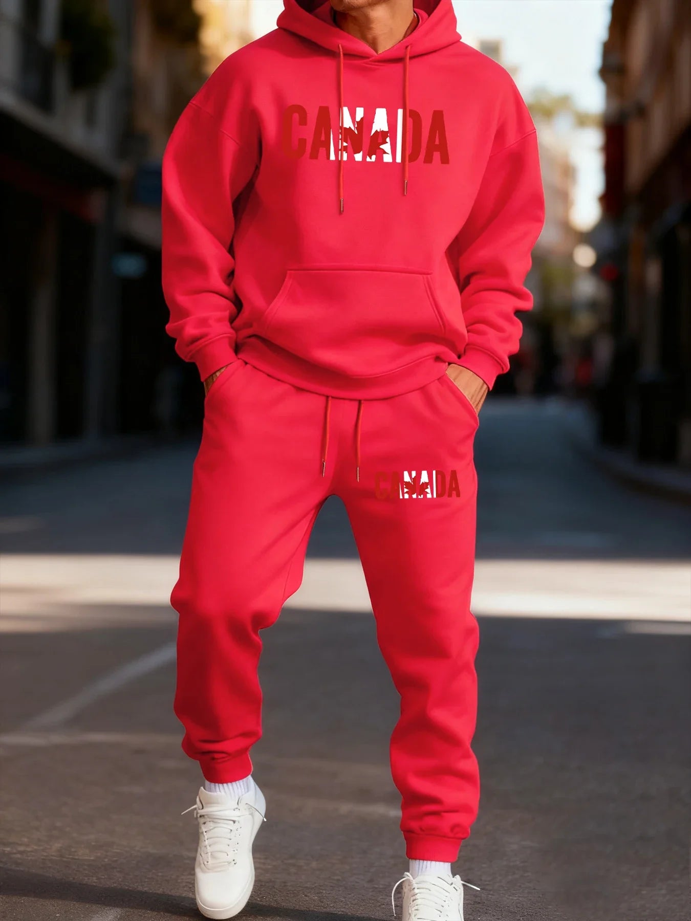 Canada Maple Leaf Print Men's Hoodie Fleece Autumn Two-Piece Sets Casual Winter Pants