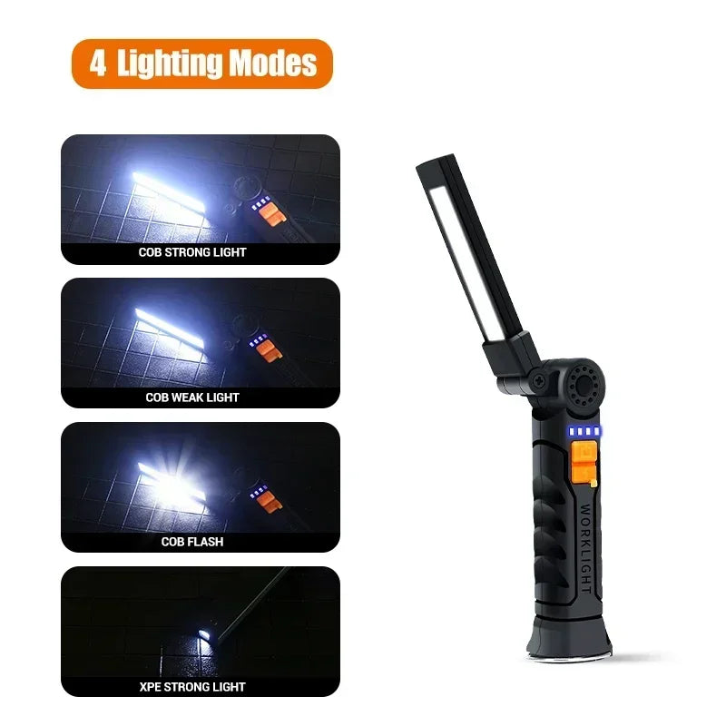 Lampe de Poche LED COB Portable, Rechargeable par USB, Lanterne Magnétique de Travail, avec Batterie spatirée, Torche de Camping