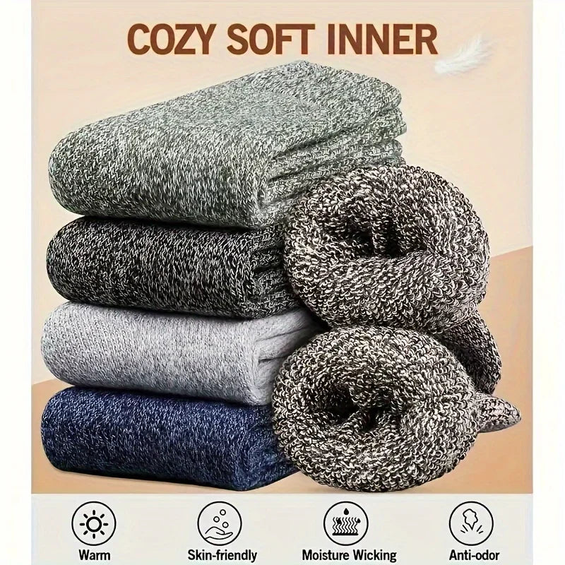 3/5 paires de chaussettes chaudes pour hommes, chaussettes épaisses en tissu éponge mi-mollet, chaussettes anti-froid pour bottes de neige, élastiques, couleur unie
