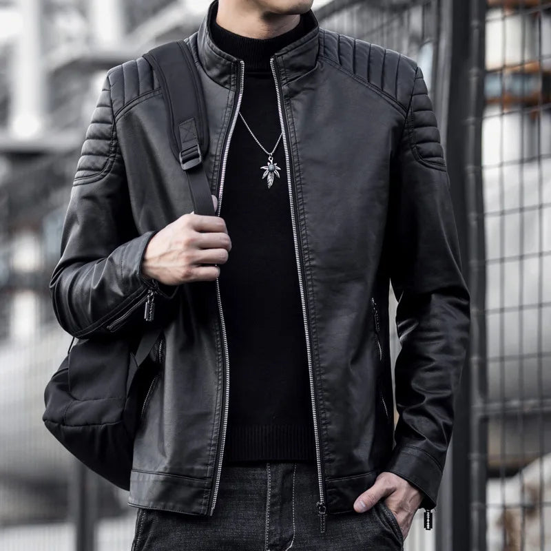 Men's PU Leather Motorcycle Jacket, Stand-up Collar, Casual Windbreaker, ChimMens Apparel, Black, Blue, Winter, 2024