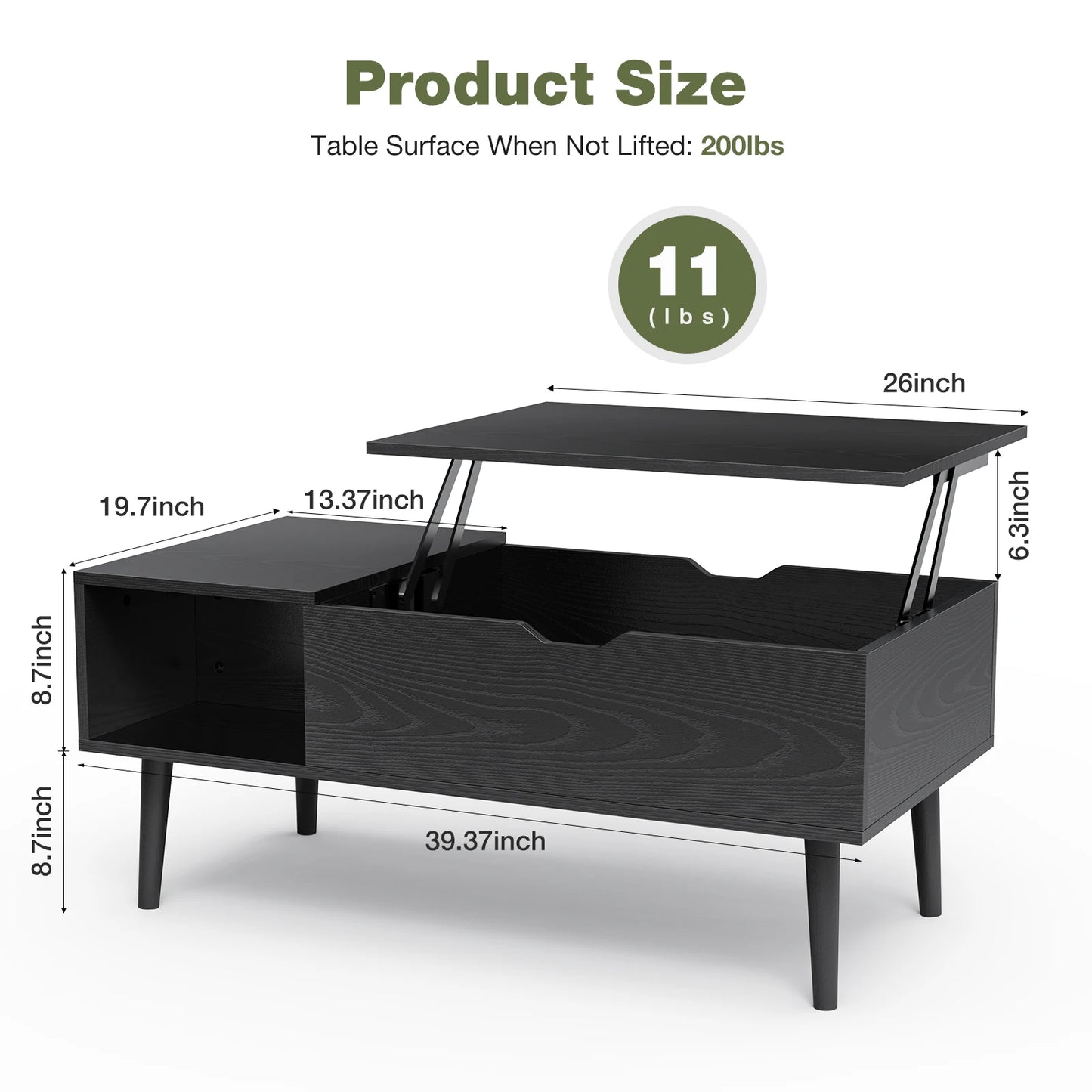 JHK Mesas de centro elevables para salón de 39.37"x 19.7" Mesa de comedor de madera, estante de almacenamiento ajustable, fácil de subir o bajar