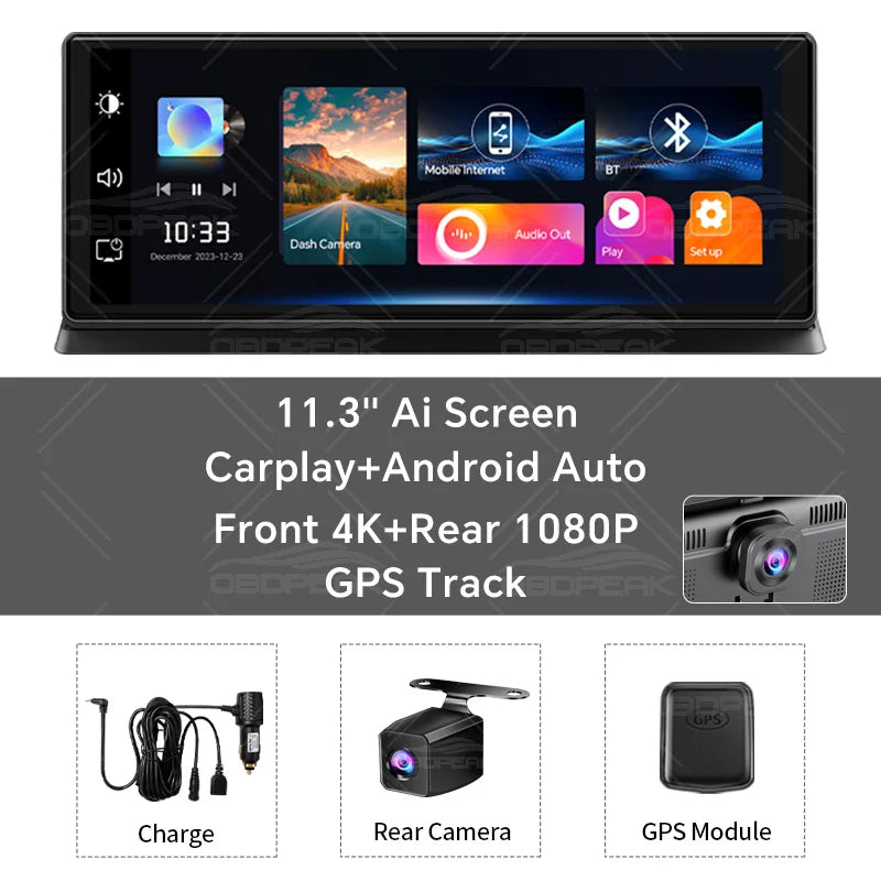 K2 Pro Wireless Car Dash Cam, 4K DVR Carplay Android Auto AI Screen, Len Video Recorder for Tourists, GPS Navigation, Prada Dashboard, 11.3 Inches
