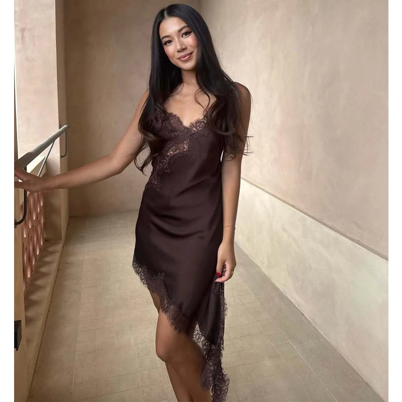 Robe Mini Dentelle Satin Dos Nu Femme — Asymétrique Fête Sexy Plage Été