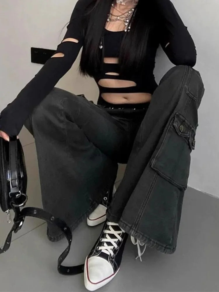 Pantalones vaqueros acampanados negros vintage delgados de 2025 Cyber Y2K Streetwear Cargo, ropa para mujer, pantalones de señora con múltiples bolsillos